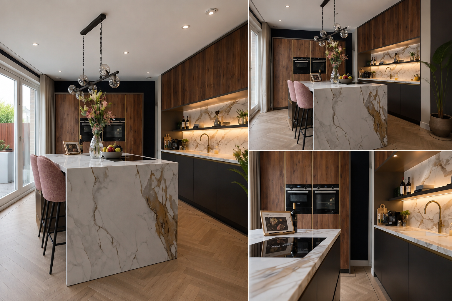 Keukenrenovatie met marmeren kookeiland en houten fronten in Den Haag