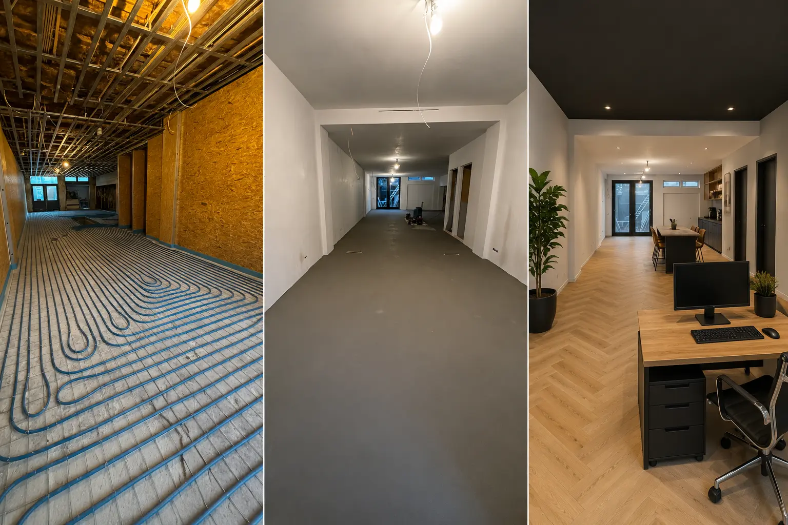 Kantoorruimte in opbouw met vloerverwarming en de afgewerkte werkplek in Den Haag