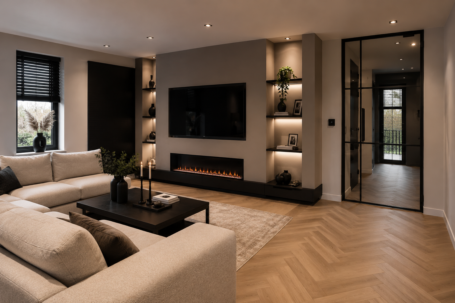 Woonkamer met cinewall, haard en inbouwnissen in Valkenburg
