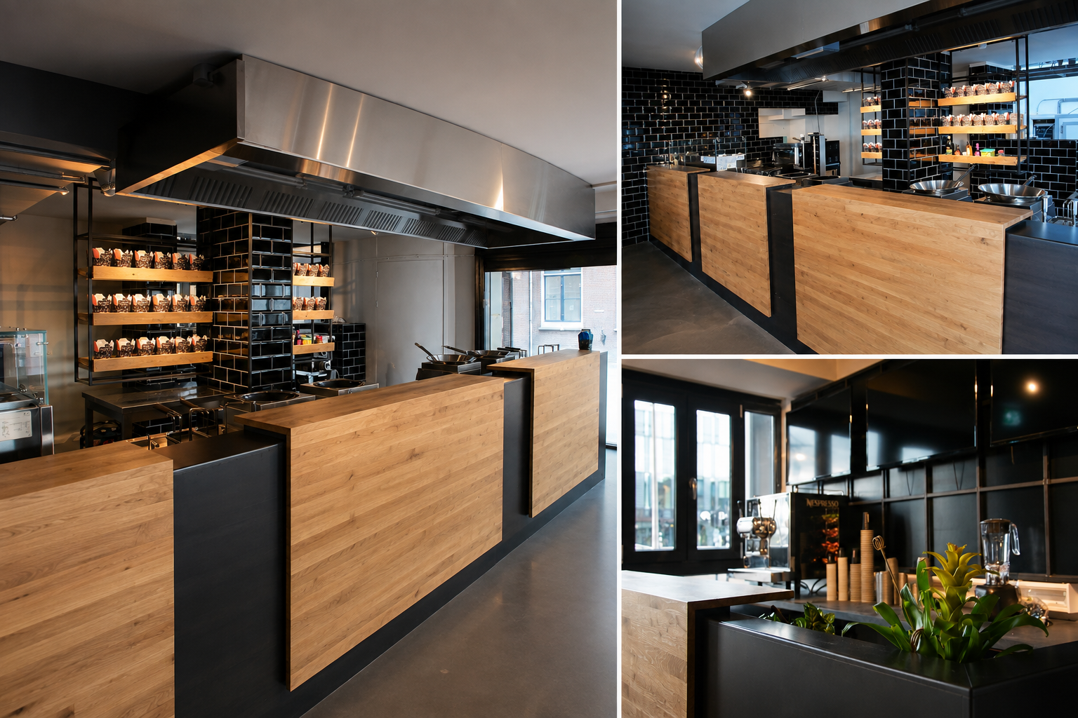 Horeca-interieur met houten bar, stalen afwerking en professionele keuken na verbouwing in Delft